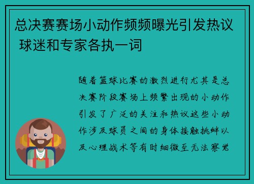 总决赛赛场小动作频频曝光引发热议 球迷和专家各执一词